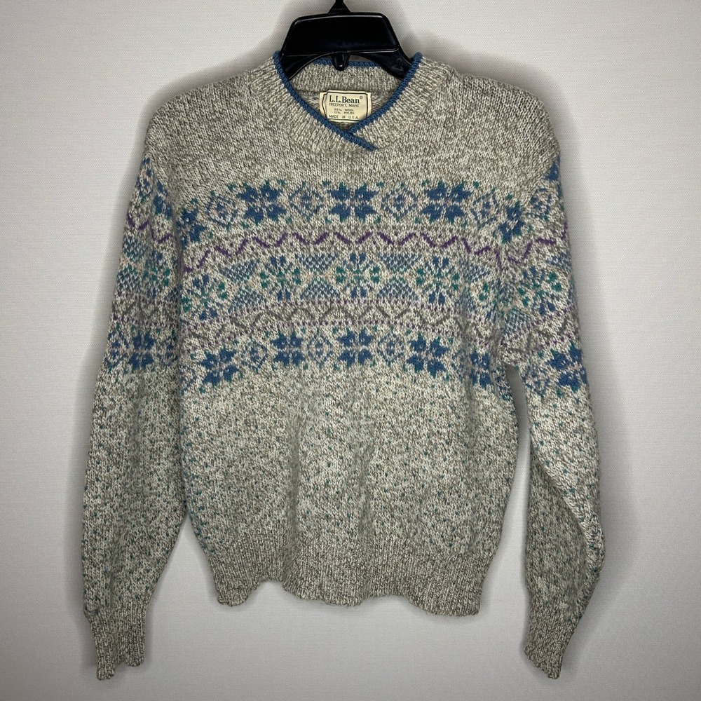 Vintage L.L. Bean Fair Isle Sweater USA Gray Nordic Wool Blend Women M Winter